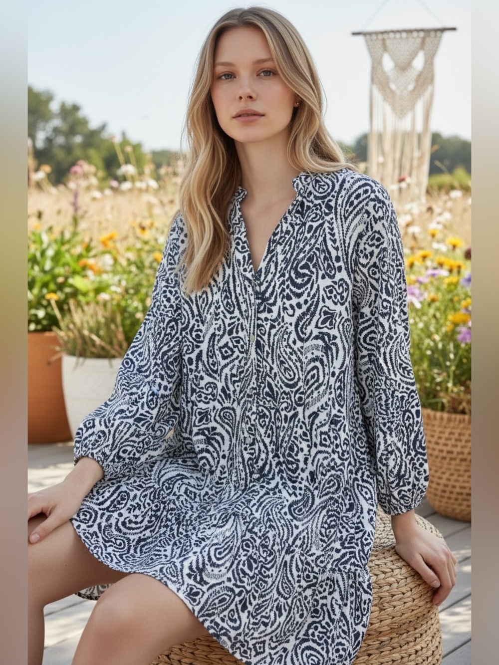 Navy & White Paisley Long Sleeve Tiered V-Neck Dress by